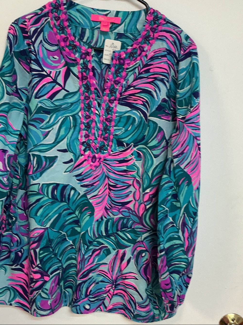 Lilly Pulitzer Teal & Pink Tropical Leaf Braided Tunic